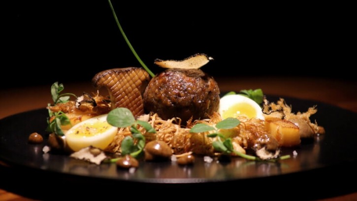 Asentia has developed a variety of blended meat – a combination of traditional meat with plant-based ingredients – prototypes like truffle mushroom meatballs (pictured here), bourbon bacon artichoke sausages and black Angus roast shallot and shiitake burgers, in addition to exploring the organoleptic characteristics of premium meat cuts and translating those features into a blended product. Source: Asentia Foods